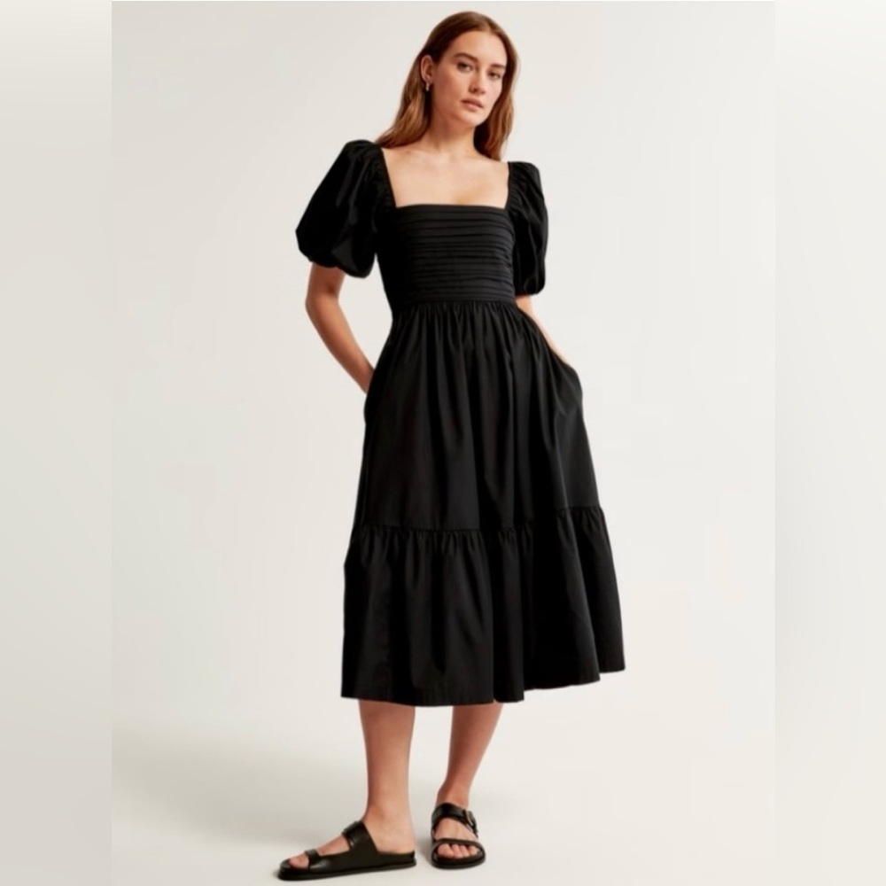 Abercrombie and Fitch Emerson Poplin Puff Sleeve Midi Dress in Black, Size XL